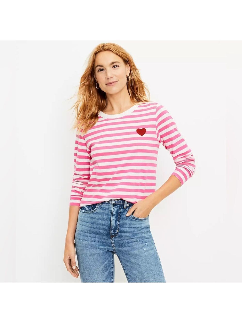 Loft Heart Love Stripe Everyday Tee Womenโs XS Pink White Long Sleeve Shirt